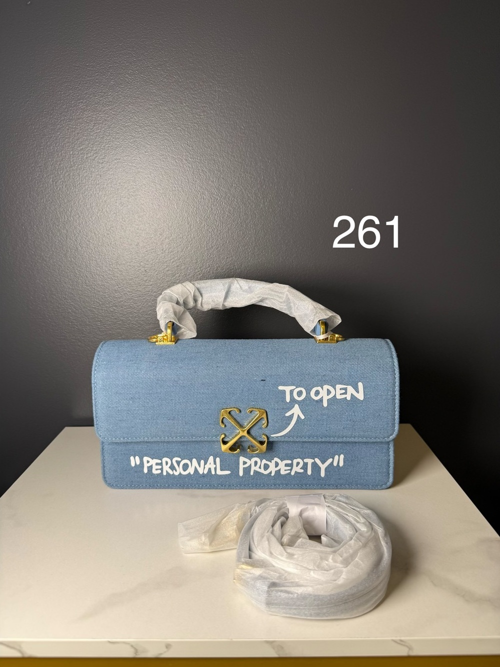 Off-White Light Blue Top-Handle Satchel with Gold Hardware
